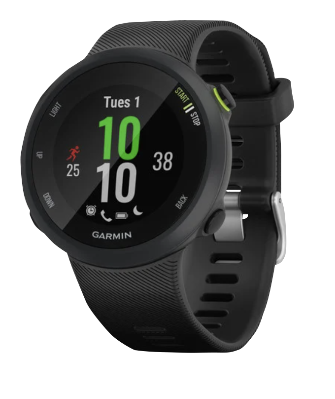 Garmin Forerunner 45S smart watch in black with round touchscreen display and silicone strap