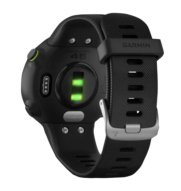 Garmin Forerunner 45S smart watch, black band with green heart-rate sensors