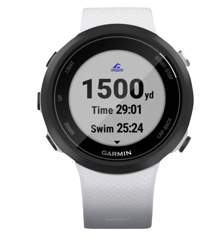 Garmin Swim 2 Whitestone smart watch with white silicone strap and black bezel