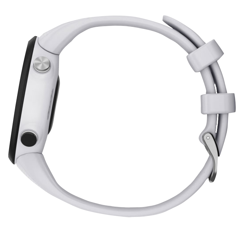 Garmin Swim 2 Whitestone smartwatch with white strap, side-profile view