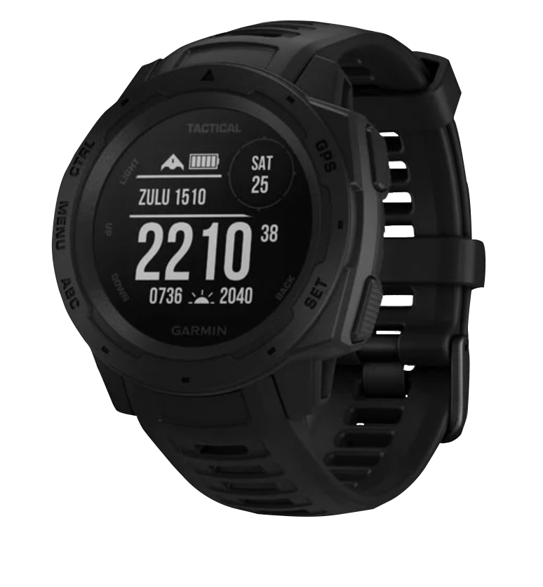 Garmin Instinct Tactical smartwatch, black rugged GPS watch with digital display.