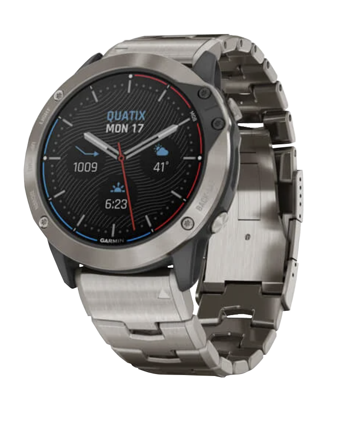 Garmin Quatix 6X Solar smartwatch with stainless steel band and black dial with blue accents