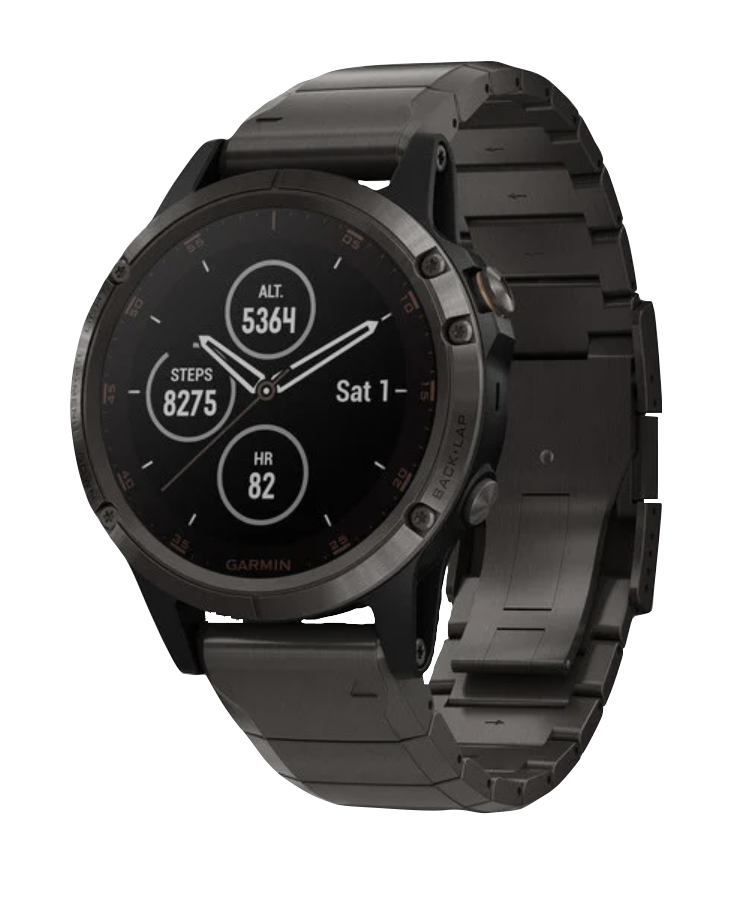Garmin Fenix 5 Plus Sapphire smartwatch with carbon gray DLC titanium bezel and metal band.