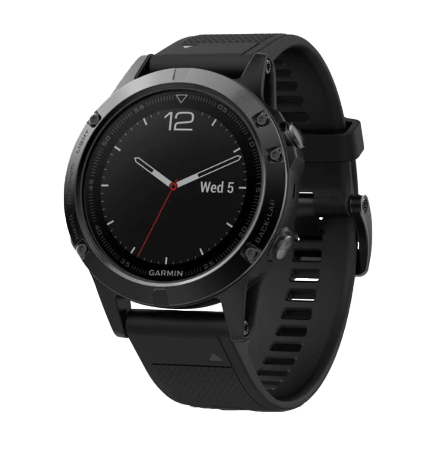 Garmin Fenix 5 Black Sapphire smartwatch with black band; round display, black bezel, and side buttons clearly visible