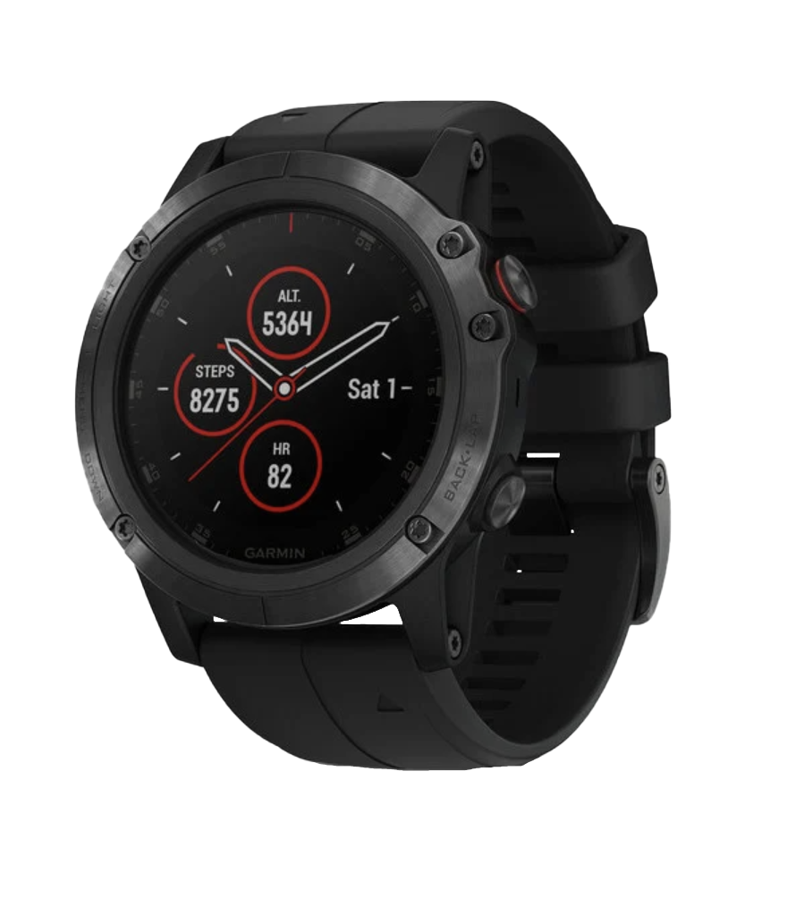 Garmin Fenix 5X Plus Sapphire smartwatch with black band, refurbished