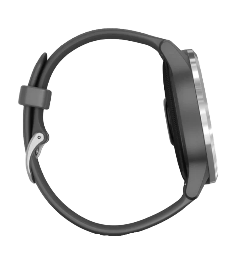 Garmin Vivoactive 4 smartwatch with silver case and gray band, certified refurbished