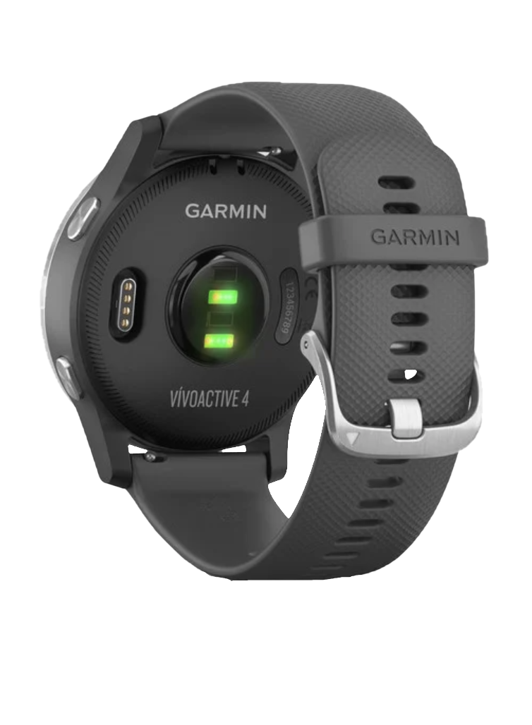 Garmin Vivoactive 4 GPS smartwatch, silver body with gray band, certified refurbished