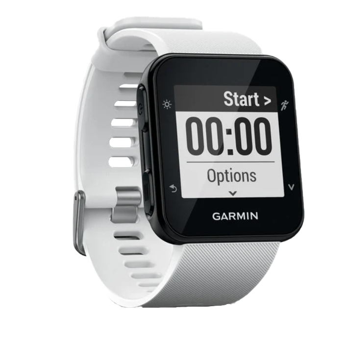 Garmin Forerunner 35 smartwatch with white band and black display bezel, GPS fitness watch