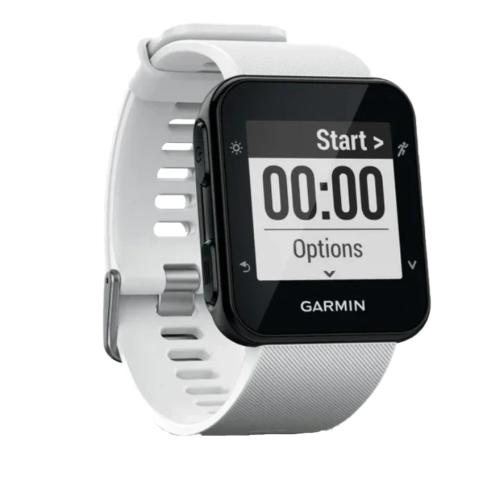 Garmin Forerunner 35 smartwatch with white band and black display bezel, GPS fitness watch