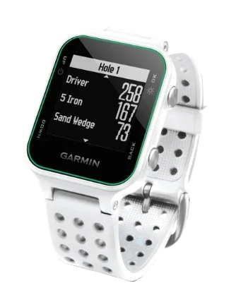 Garmin Approach S20 white golf GPS smartwatch with rangefinder and perforated strap; certified refurbished