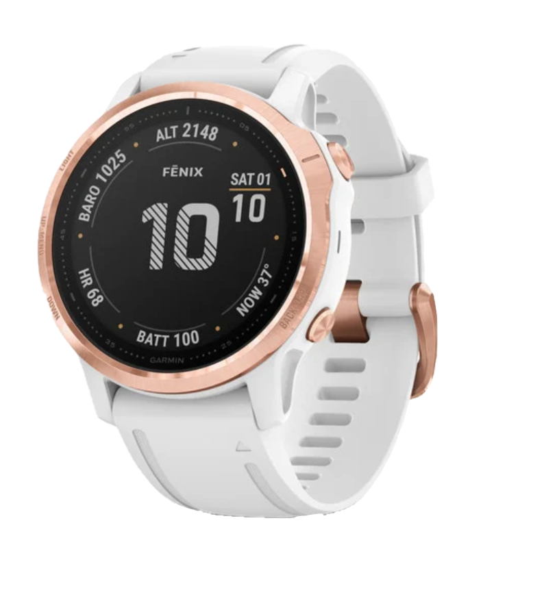 Garmin fenix 6S Pro GPS smartwatch with rose-gold bezel and white band, certified refurbished.