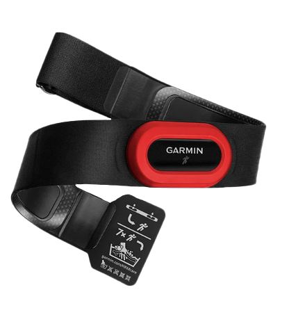 Garmin HRM-Run chest strap heart rate monitor with red sensor module on black strap, certified refurbished