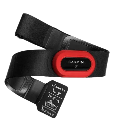 Garmin HRM-Run chest strap heart rate monitor with red sensor module on black strap, certified refurbished