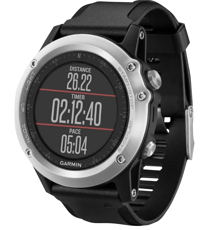 Garmin Fenix 3 HR GPS smartwatch with silver bezel and black band, certified refurbished