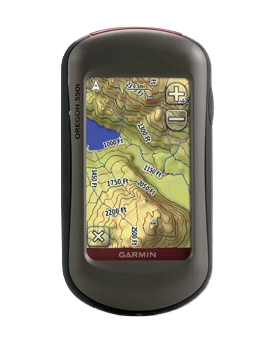 Garmin Oregon 550t handheld GPS with touchscreen and TOPO maps.