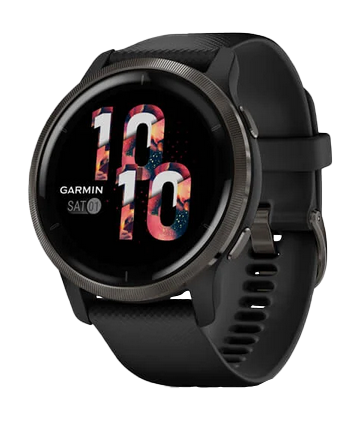Garmin Venu 2 smartwatch with slate stainless steel bezel and black silicone band
