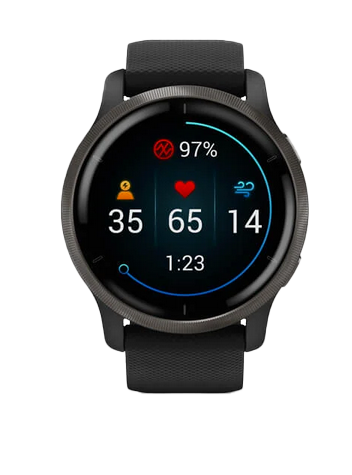 Garmin Venu 2 GPS smartwatch with slate bezel and black strap, certified refurbished