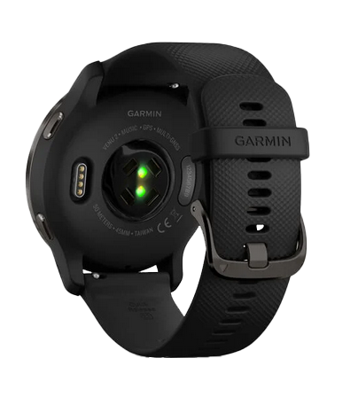 Garmin Venu 2 smart watch with slate stainless steel bezel and black silicone band