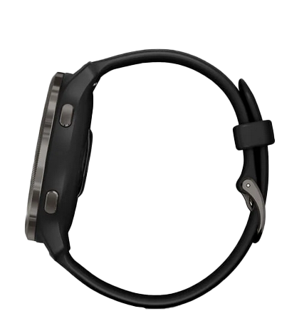 Garmin Venu 2 smartwatch with slate stainless steel bezel, black case and silicone band, angled side view