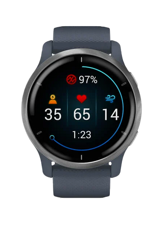 Garmin Venu 2 smartwatch with silver stainless-steel bezel, granite blue case, and silicone band