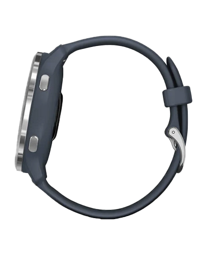 Garmin Venu 2 smartwatch with granite blue case, silver bezel, and silicone band