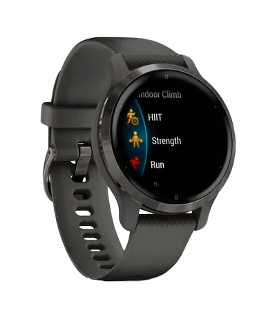 Garmin Venu 2S smartwatch with slate stainless steel bezel, graphite case, and silicone band