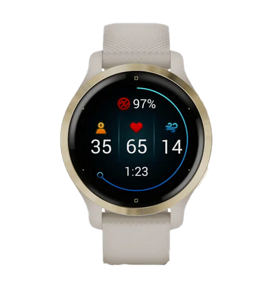 Garmin Venu 2S smartwatch with light gold bezel and light sand silicone band.