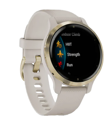 Garmin Venu 2S smartwatch with light gold stainless steel bezel and light sand silicone band
