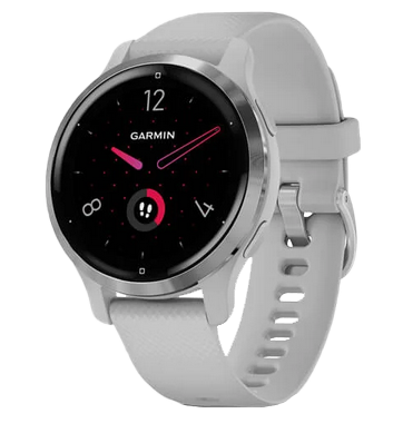 Garmin Venu 2S smartwatch with silver stainless steel bezel, mist gray case, and silicone band