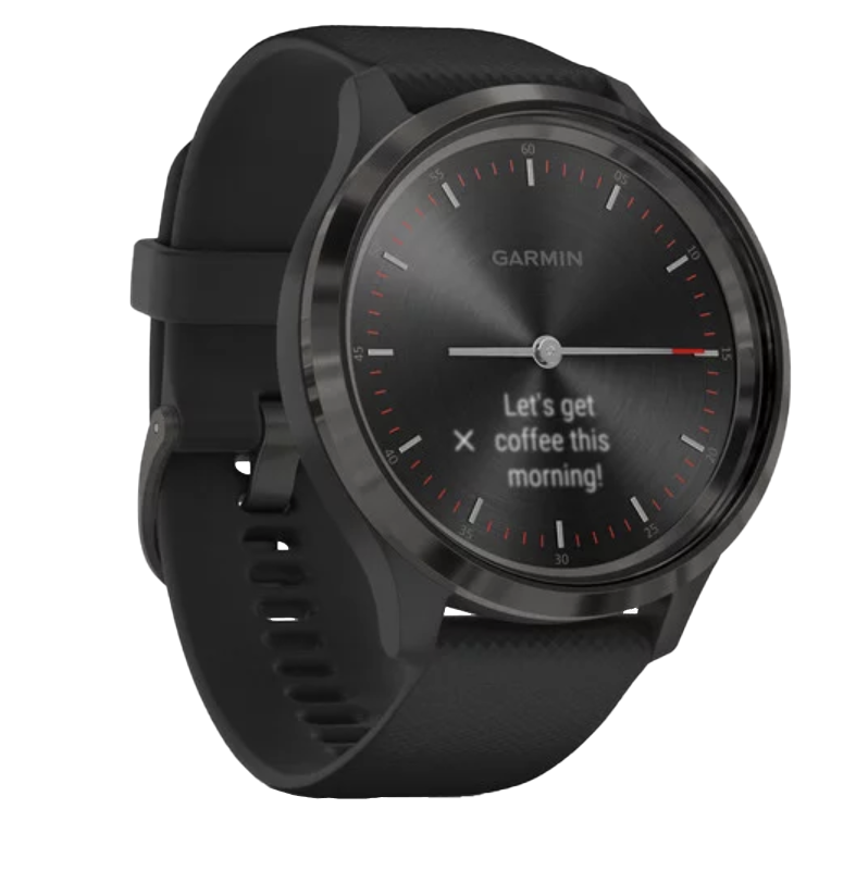 Garmin Vivomove 3 smartwatch with slate bezel and black silicone band, GPS, certified refurbished.