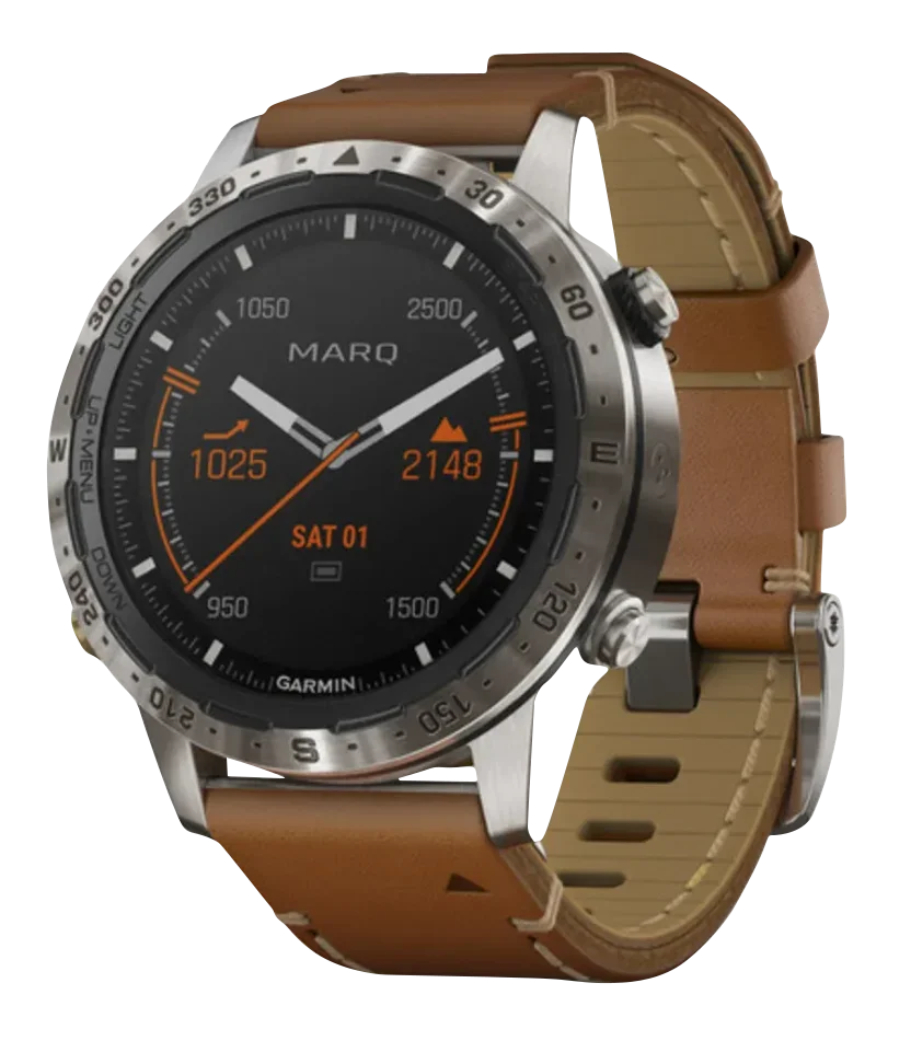 Garmin MARQ Adventurer men's luxury GPS smartwatch with brown leather strap and stainless steel bezel.