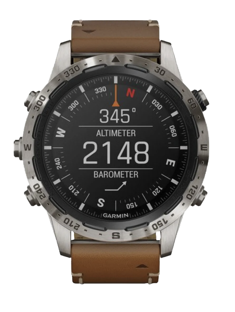 Garmin MARQ Adventurer Expedition smartwatch with brown leather strap, refurbished stainless steel case