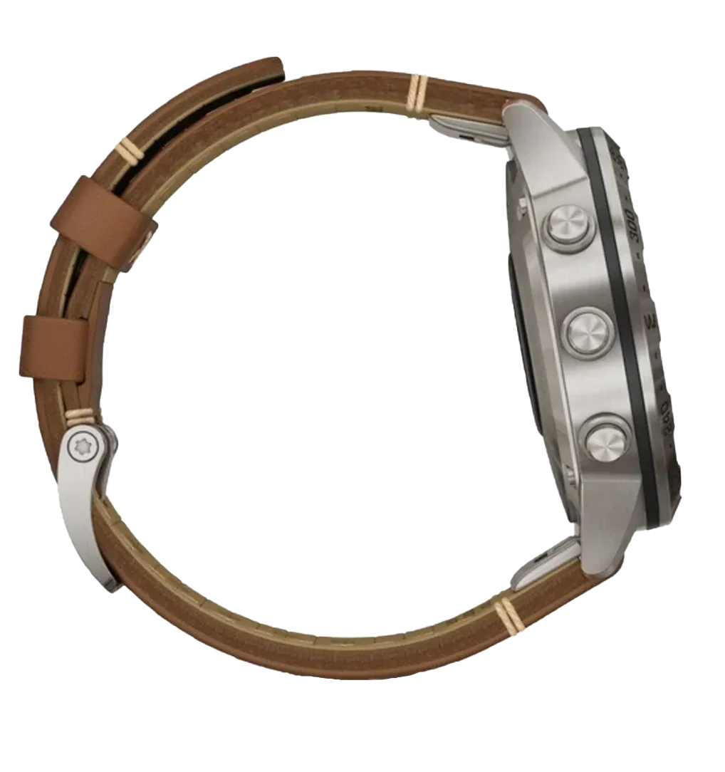 Garmin MARQ Adventurer Expedition GPS smartwatch with brown leather strap and stainless steel case