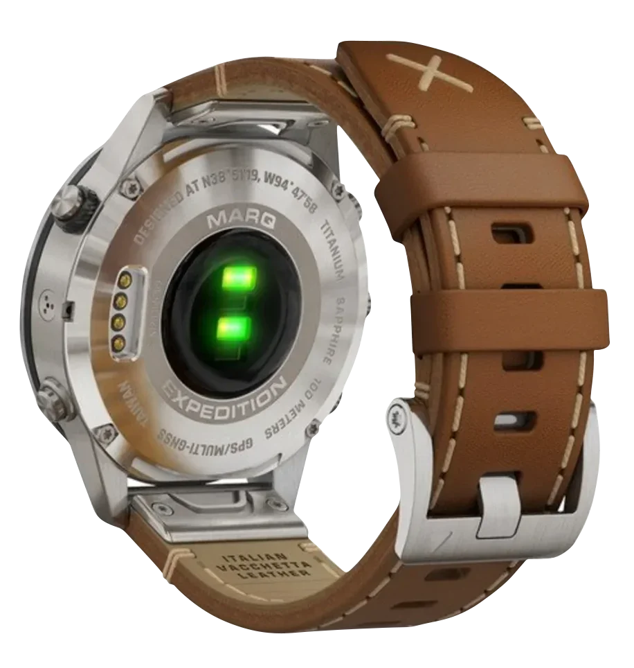 Garmin MARQ Adventurer smartwatch back view with brown leather strap