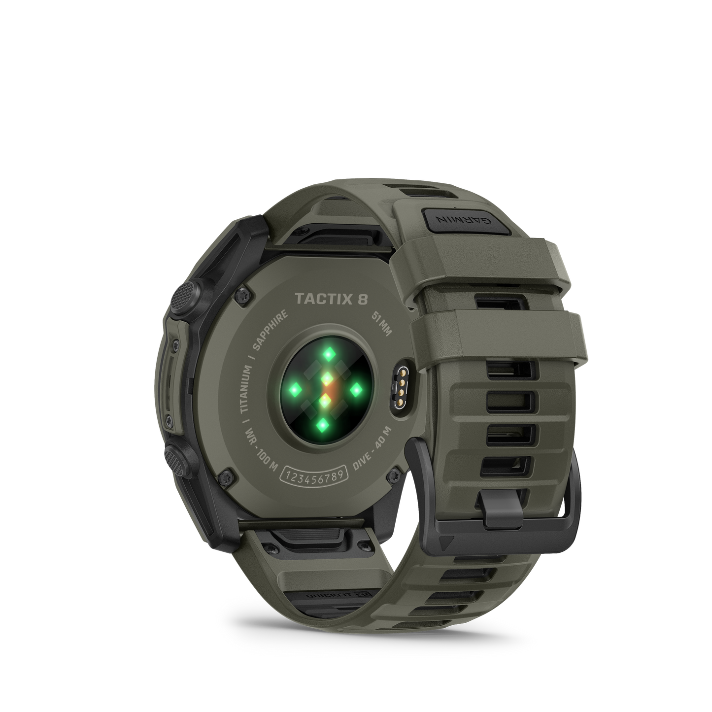 Garmin tactix 8 smartwatch, olive drab Cerakote coating, 51 mm case, back with green LED sensor array