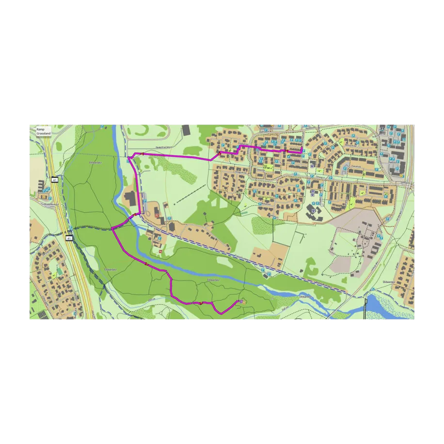 Garmin TOPO Iceland v6 Light map showing a purple route through urban blocks, green parks, and a river.