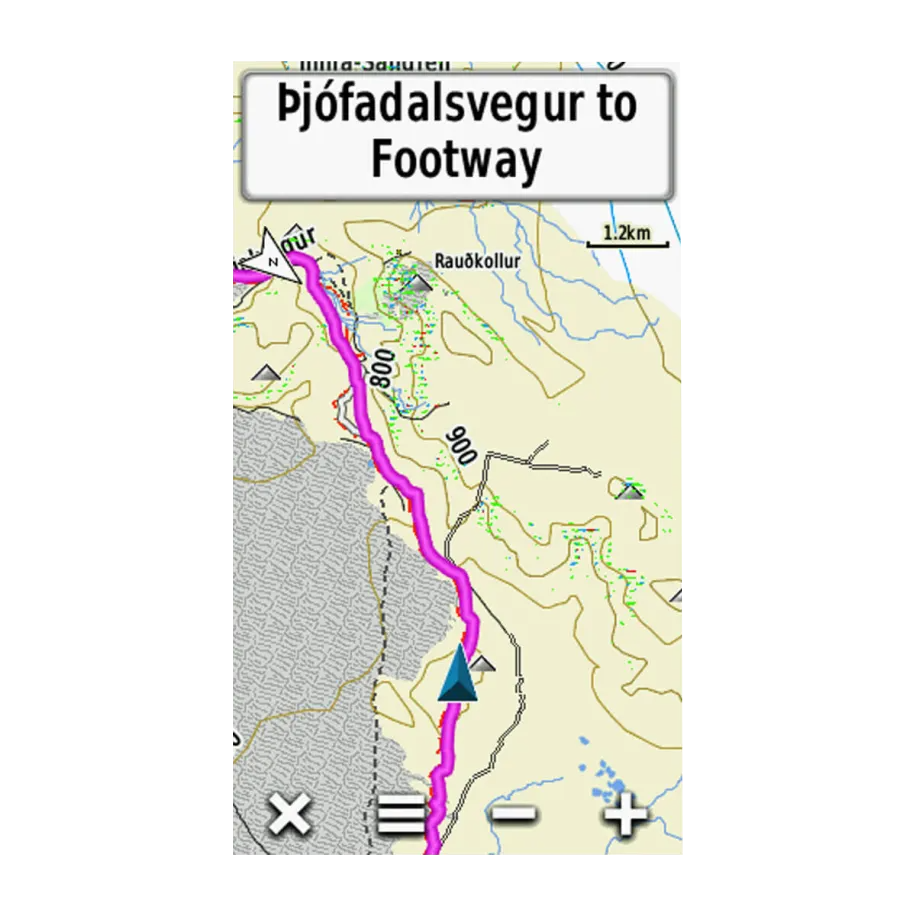 Garmin TOPO Iceland v6 Light map on GPS device; purple route with blue position marker