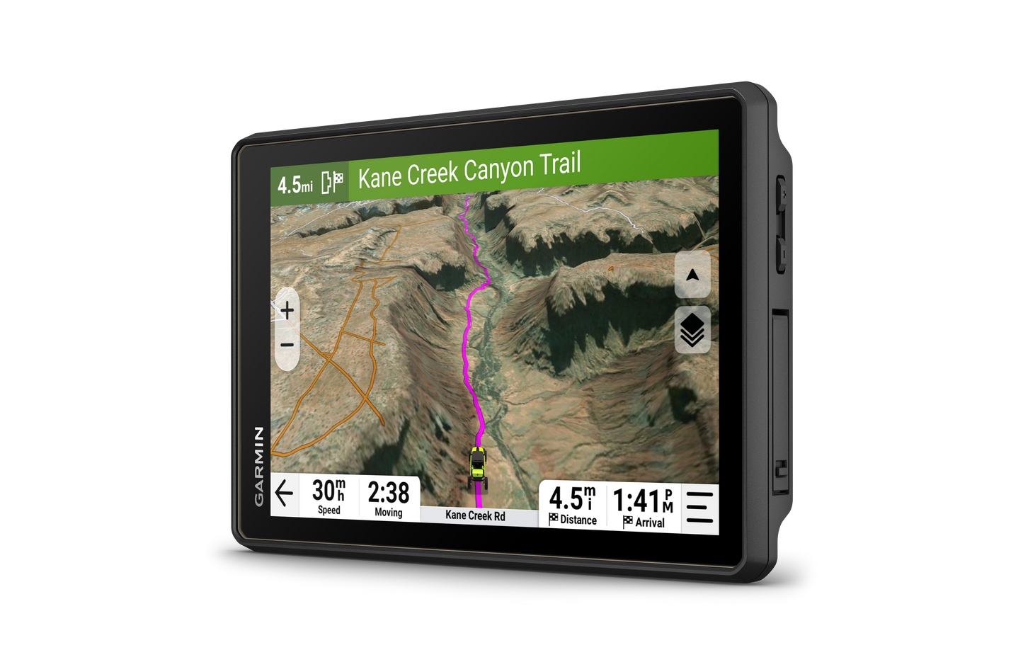 Garmin Tread 2 Overland Edition 8-inch black GPS navigator displaying Kane Creek Canyon Trail map.