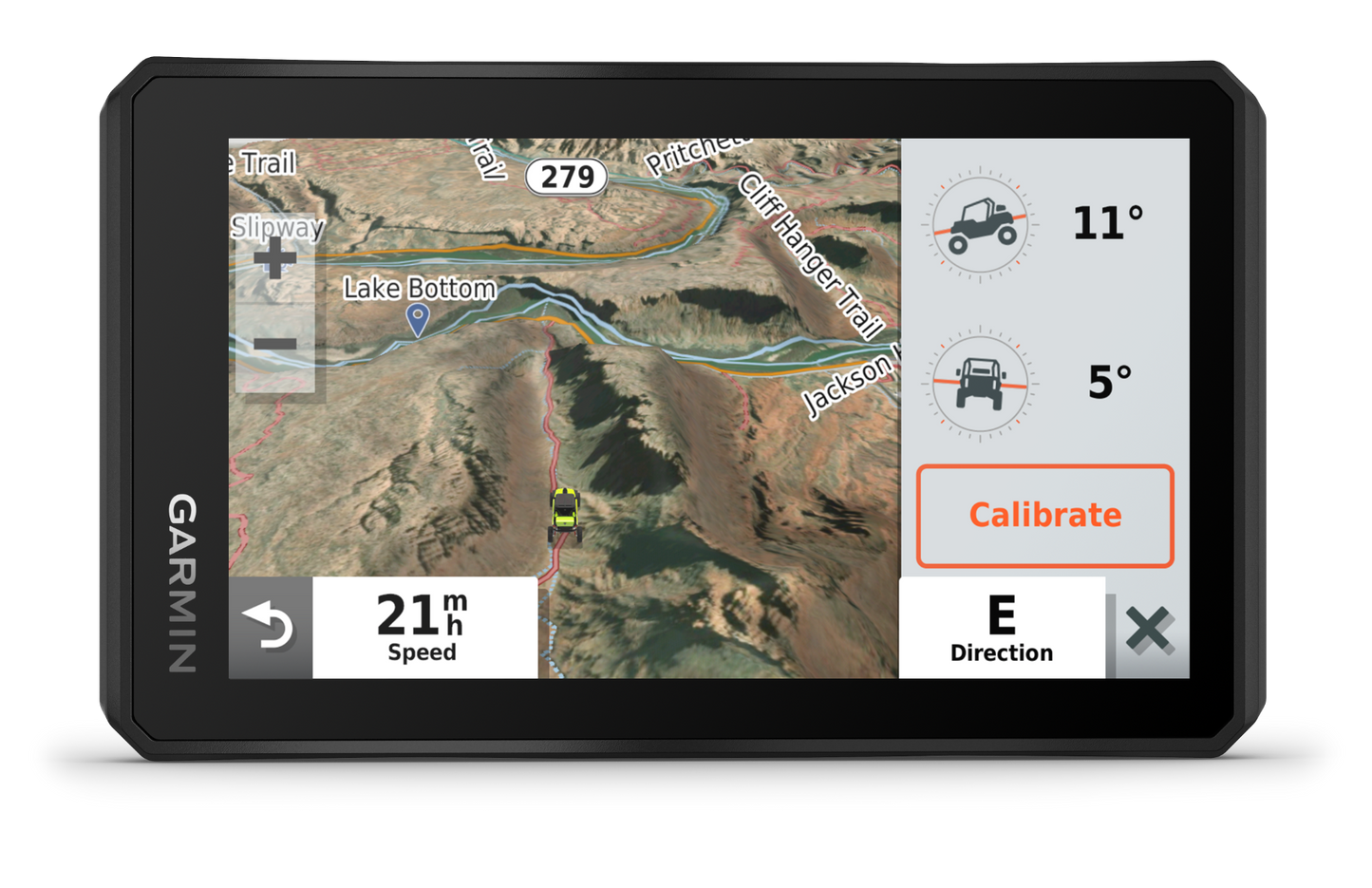 Garmin Tread Powersport GPS with Ride Radio in a black rugged frame, showing a 3D terrain map.