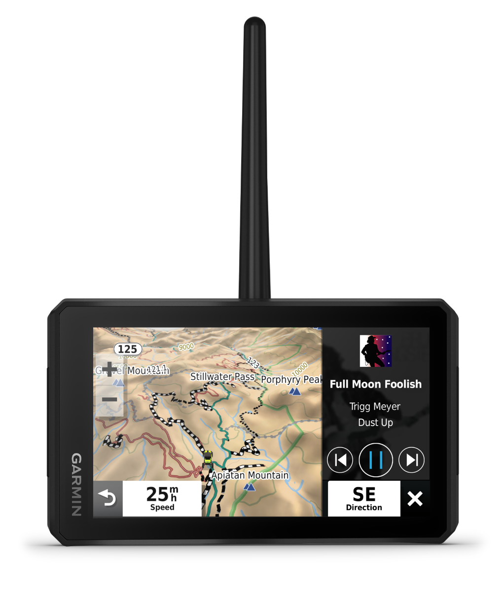 Garmin Tread Powersport GPS with Ride Radio in black, rugged GPS navigation device with map display
