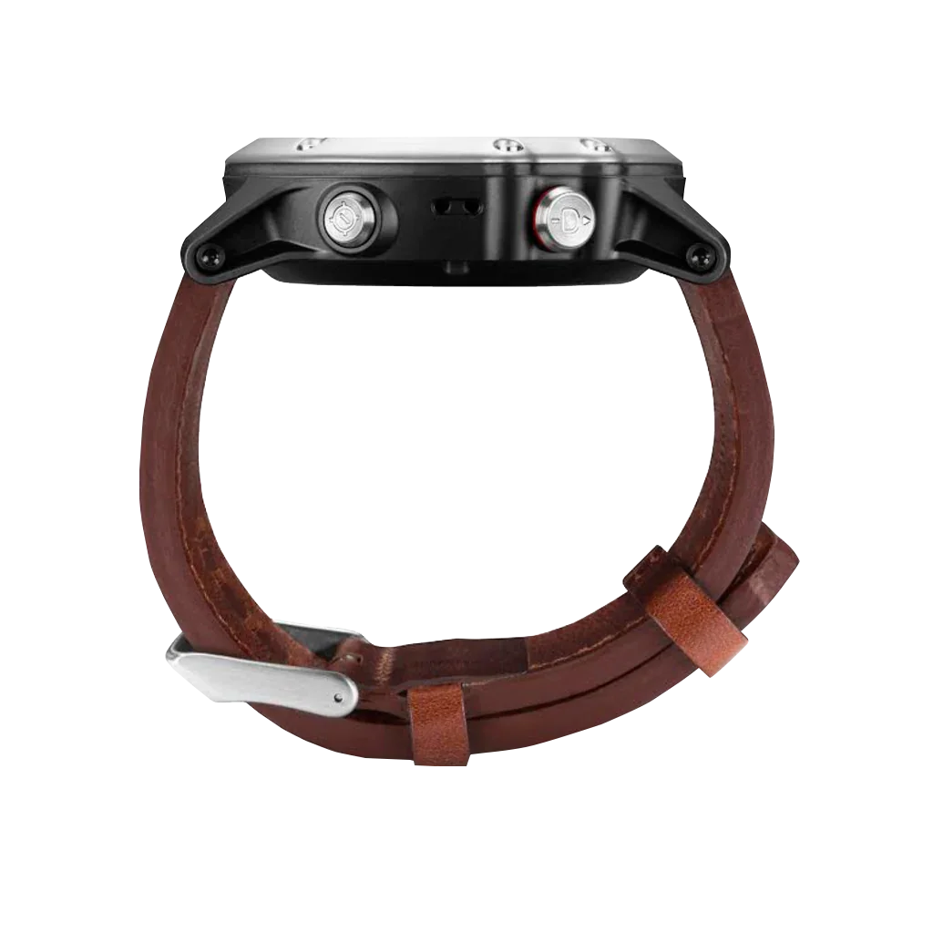 Garmin D2 Bravo smartwatch with brown leather strap.