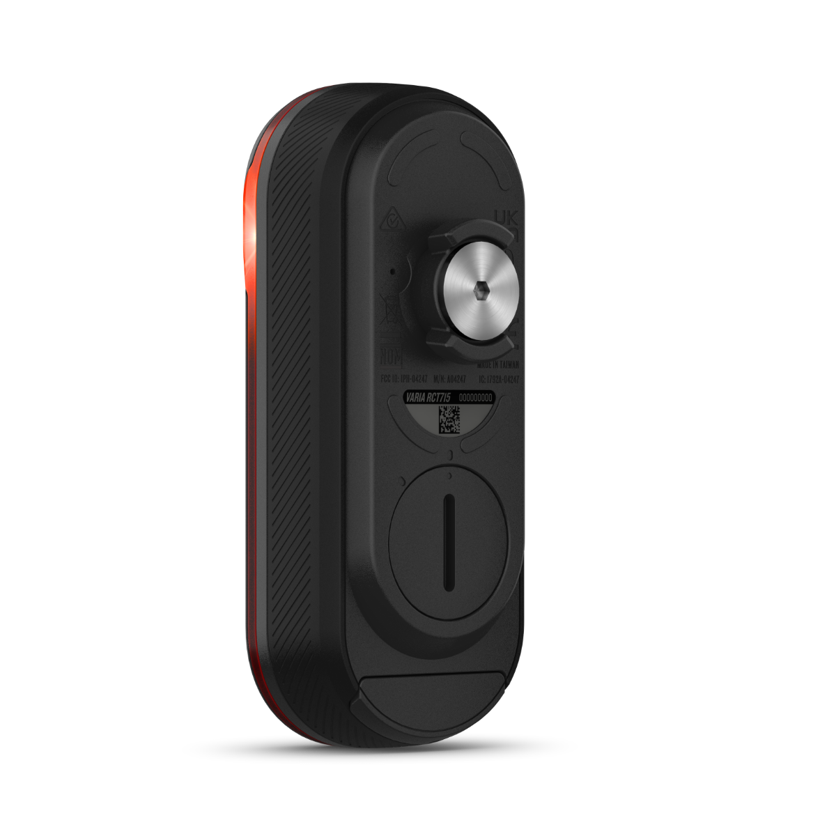 Garmin Varia RCT715 bike taillight, black body with red edge light, back view.
