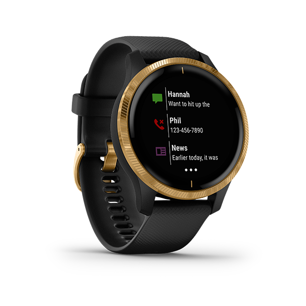 Garmin Venu smart watch, black strap, gold bezel