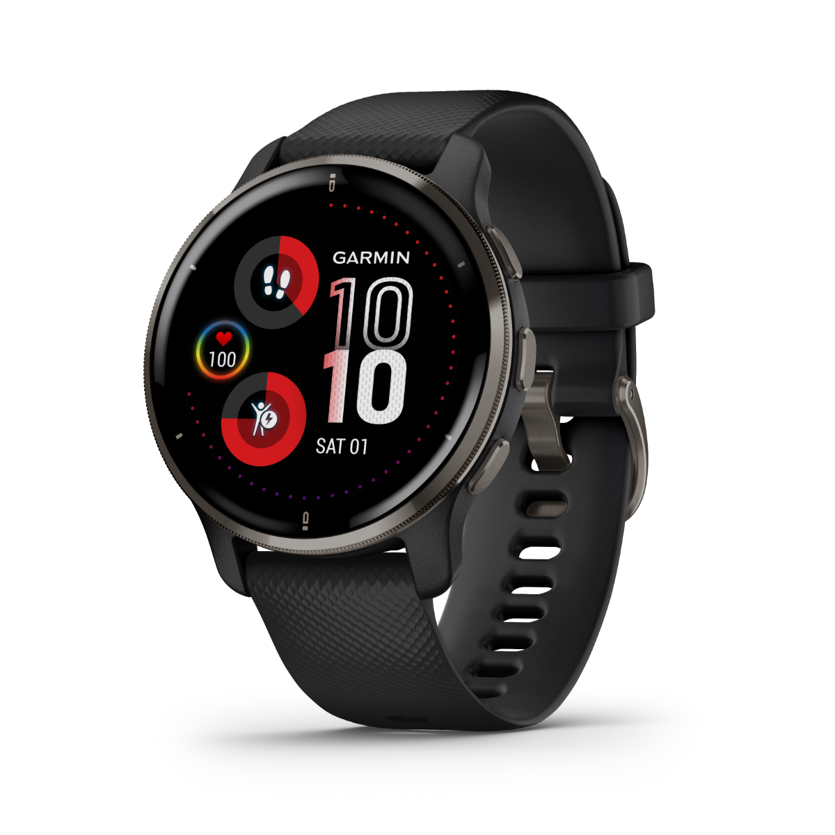 Garmin Venu 2 Plus smartwatch with slate bezel and silicone band