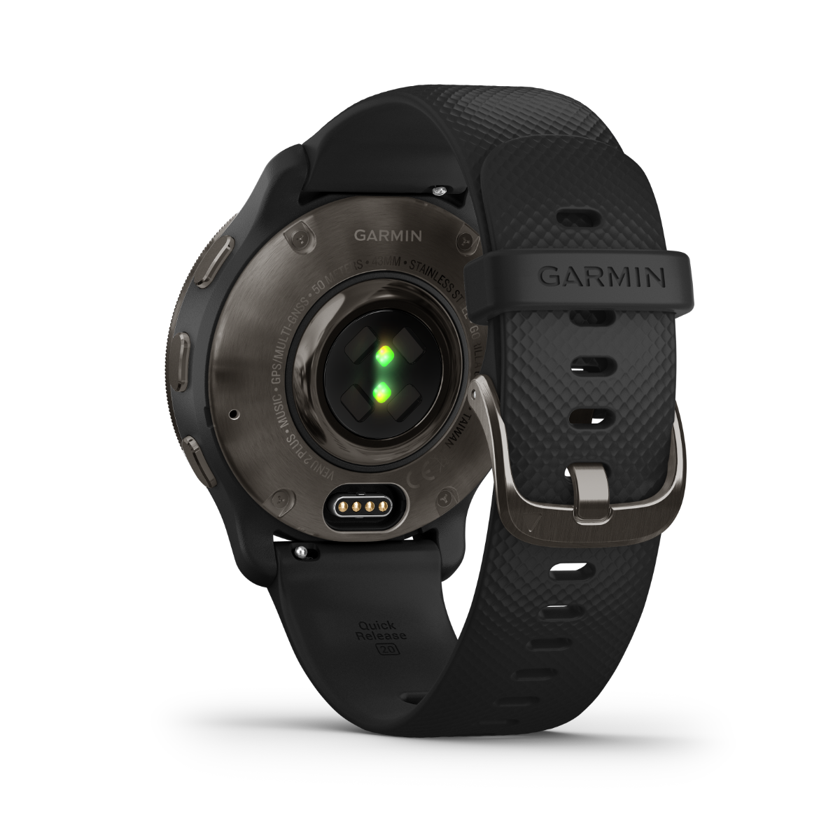 Garmin Venu 2 Plus smartwatch with slate stainless steel bezel and black silicone band