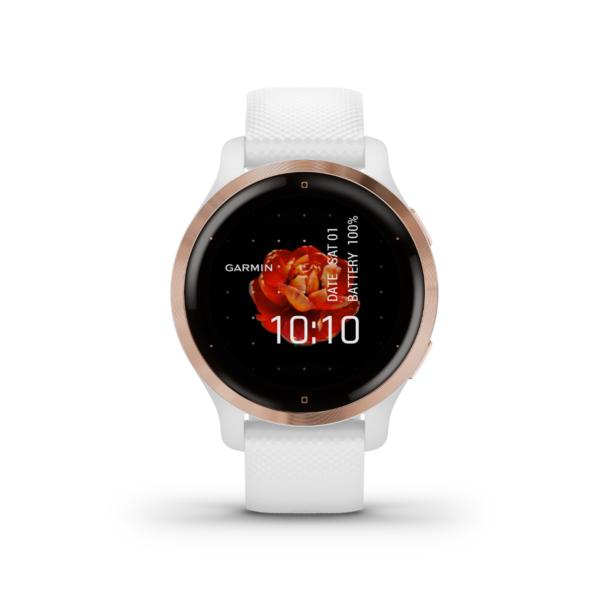 Garmin Venu 2S smartwatch with rose-gold bezel, white case and silicone band