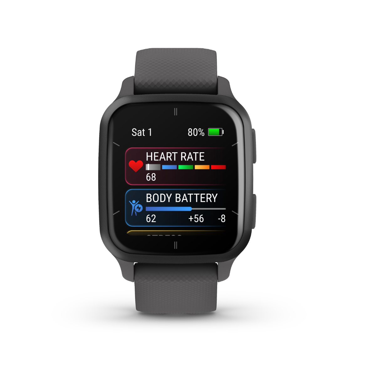 Garmin Venu Sq 2 smartwatch with slate aluminum bezel and gray silicone band