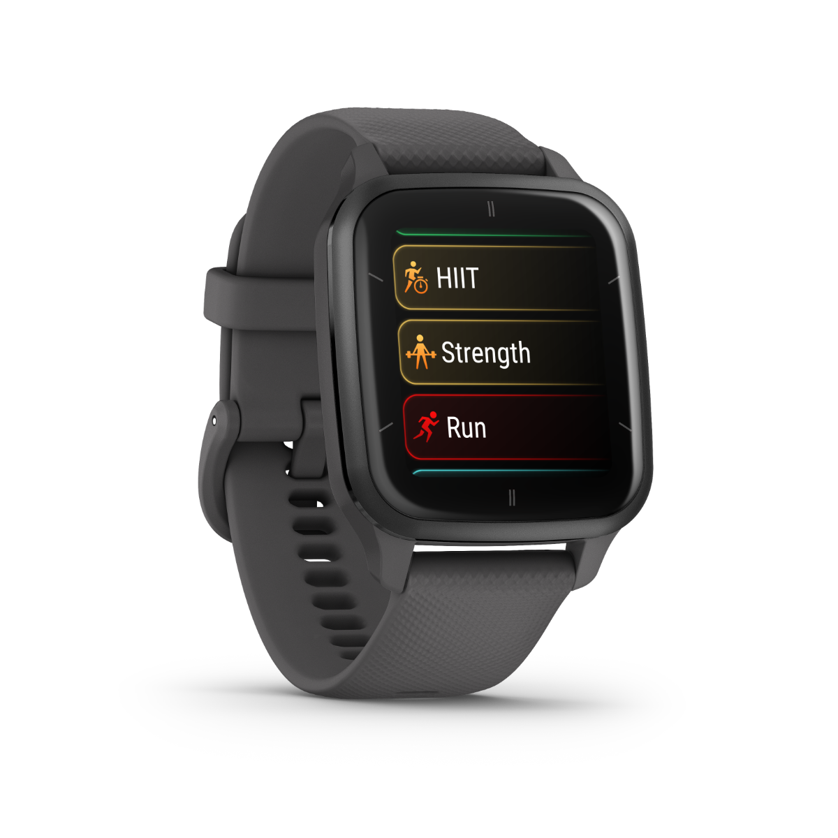 Garmin Venu Sq 2 smartwatch with slate aluminum bezel and shadow gray silicone band