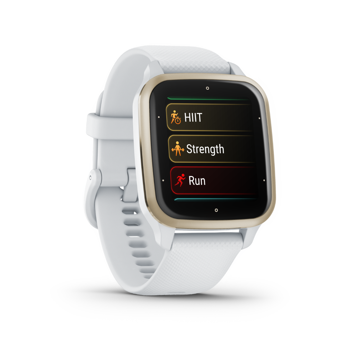 Garmin Venu Sq 2 smartwatch with cream-gold aluminum bezel, white case and silicone band
