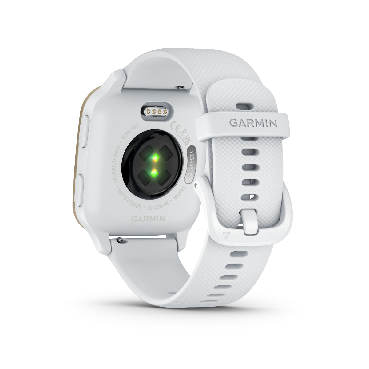 Garmin Venu Sq 2 smart watch with cream gold aluminum bezel, white case, and silicone band